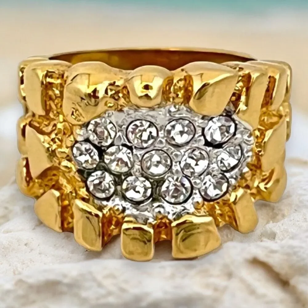 Vintage 1970s Uncas Nugget Ring Size 7  14KT Gold Plate Pave Crystal - 14O